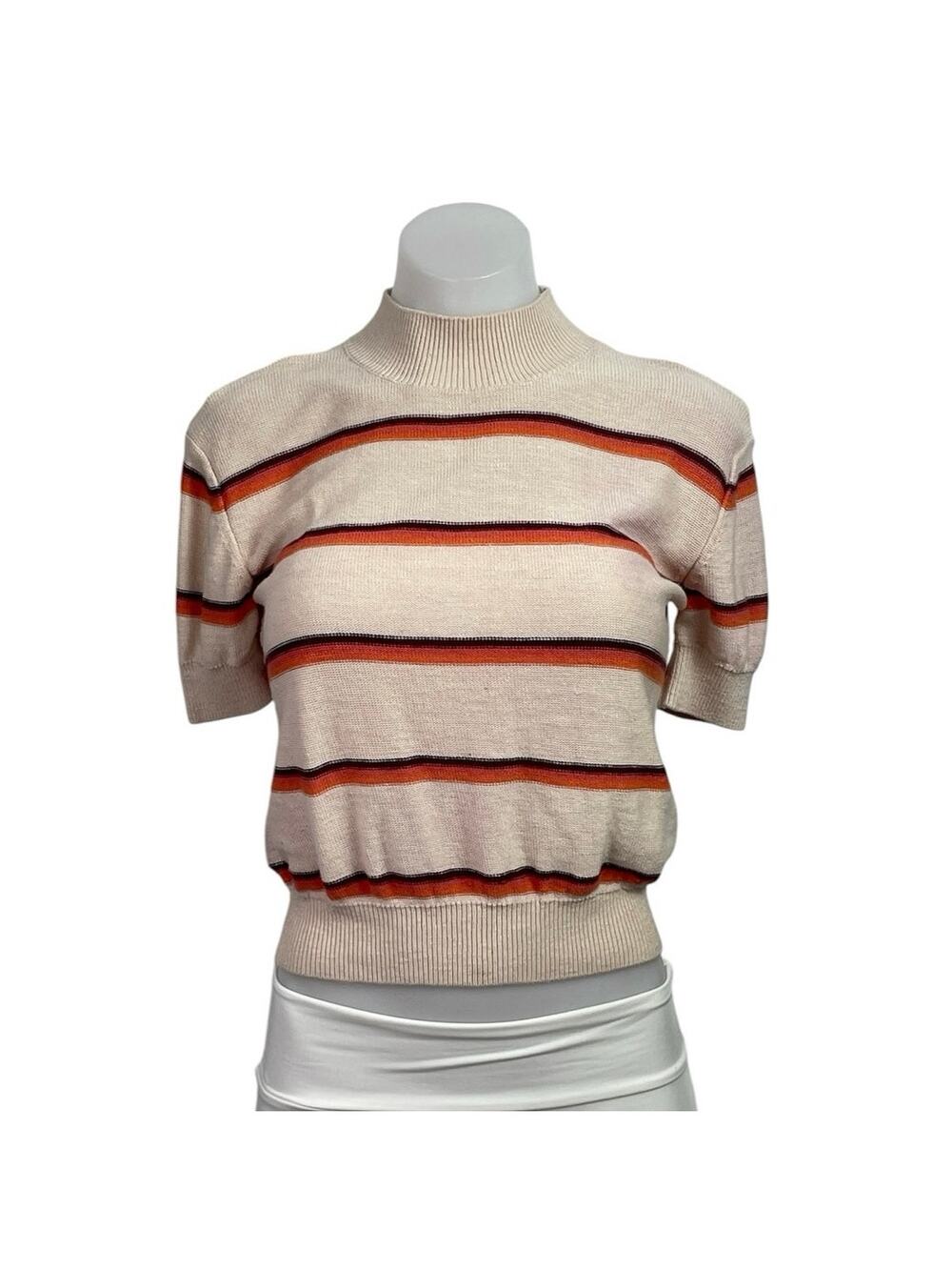 Free People Womens Beige Linen Striped Mock Neck Short Sleeve Sweater Top Size S